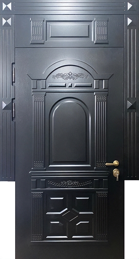 Нестандартная входная термодверь с фрамугой, панелями МДФ черного цвета